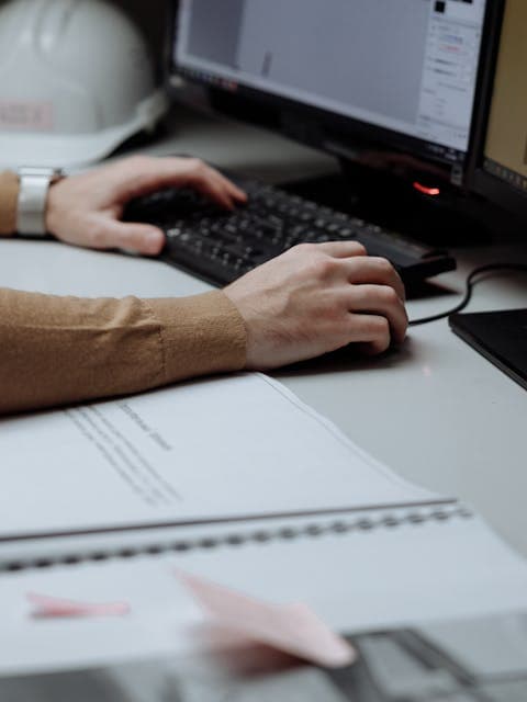Project manager working at a desk with drawings and a hard hat